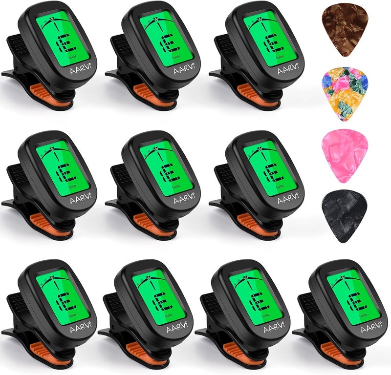 Aarvi Guitar Tuner, Clip-On Digital Chromatic Tuner for Acoustic & Electric Instruments, 10 Pack with 40 Guitar Picks - Image 1